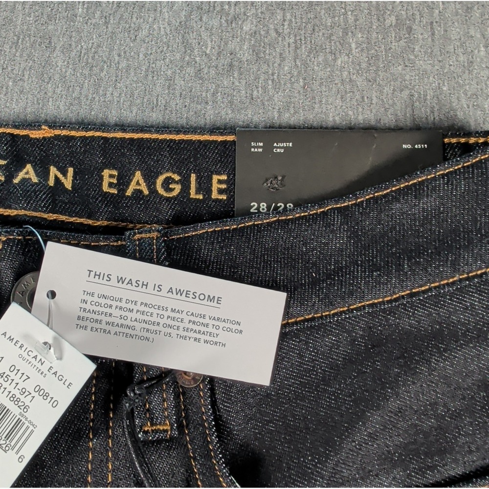 NWT American‎ Eagle Raw Selvedge Denim Jeans Men 28x28 Slim Dark Wash Crop Pants - Picture 10 of 16